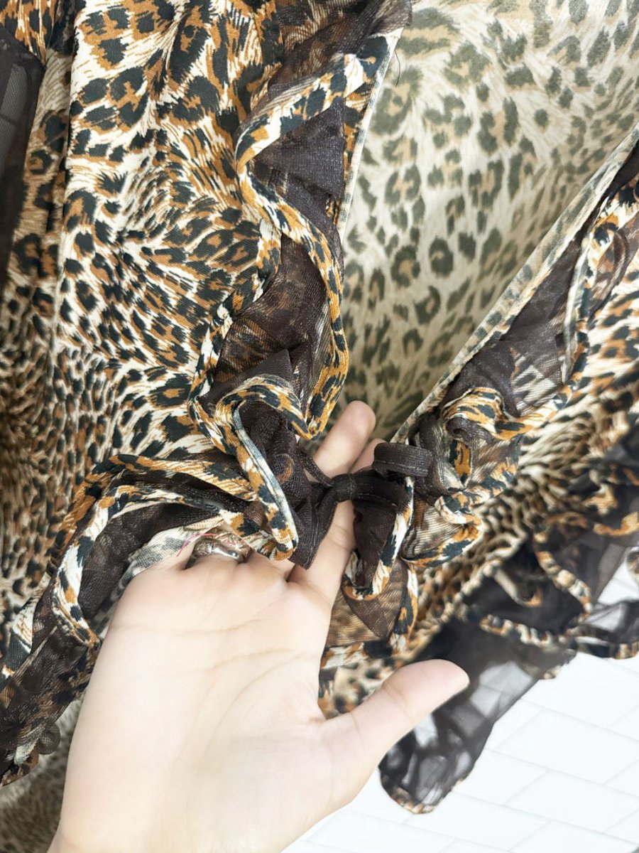 vintage 90s animal print ruffle mesh sleeve tie front robe - good market thrift store