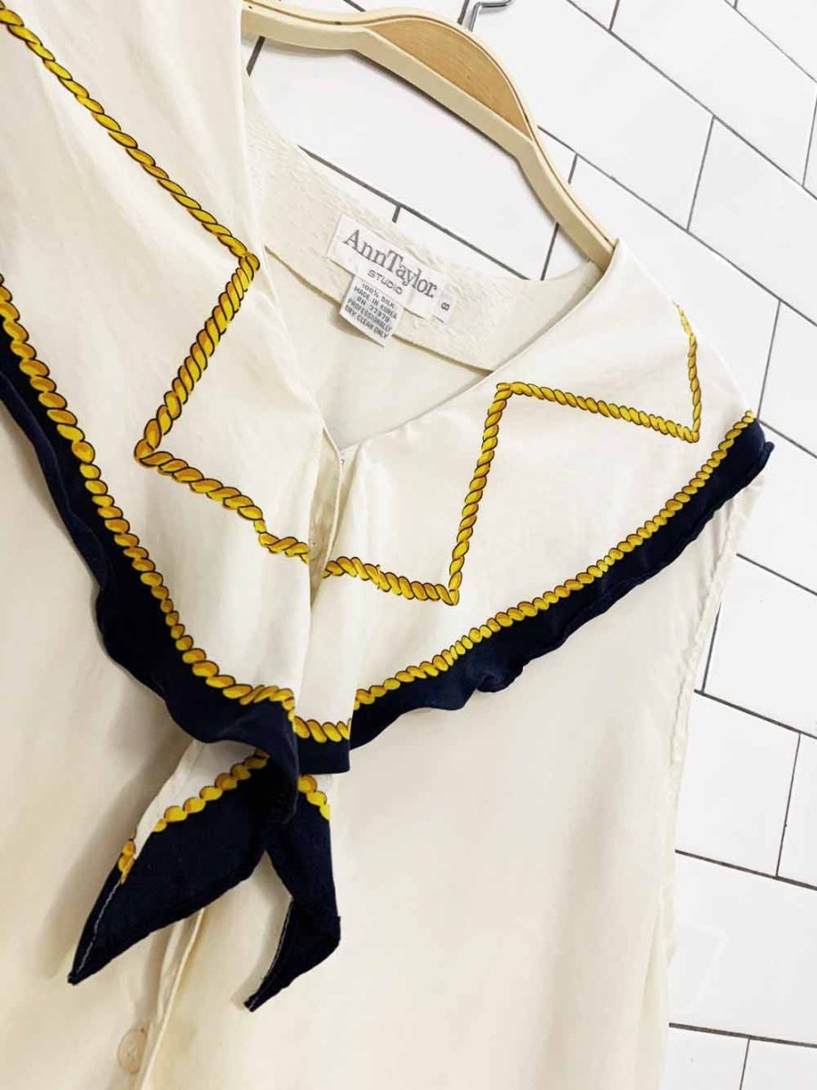 vintage 90s ann taylor 100% silk sailor full button sleeveless blouse | rework - good market thrift store