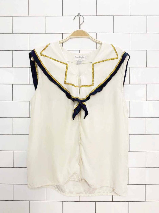 vintage 90s ann taylor 100% silk sailor full button sleeveless blouse | rework - good market thrift store