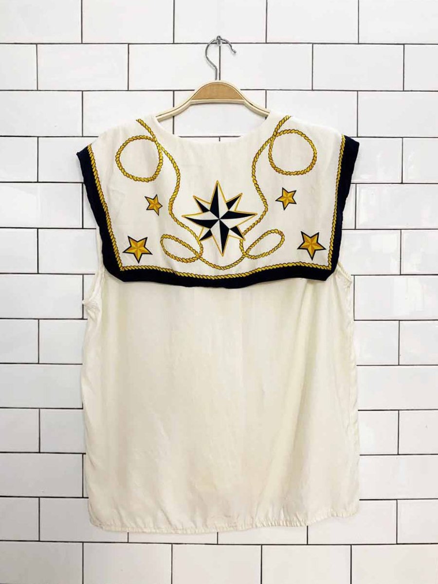 vintage 90s ann taylor 100% silk sailor full button sleeveless blouse | rework - good market thrift store