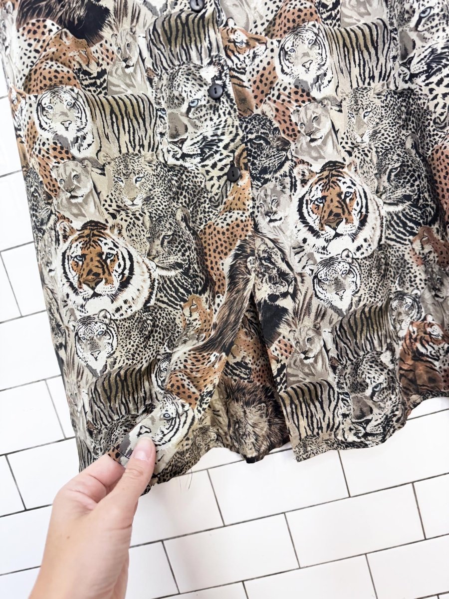 vintage 90s anna and frank 100% silk jungle animals full button maxi skirt - good market thrift store