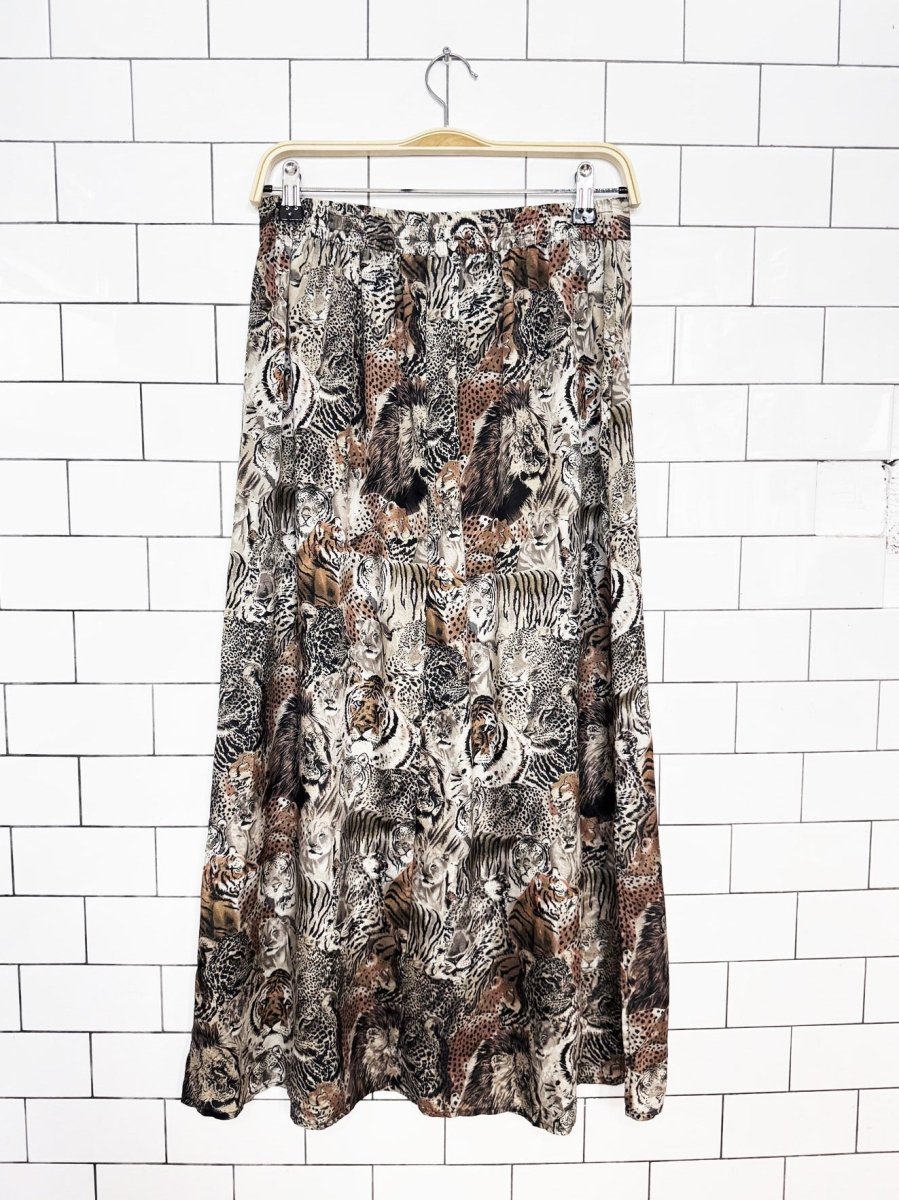 vintage 90s anna and frank 100% silk jungle animals full button maxi skirt - good market thrift store
