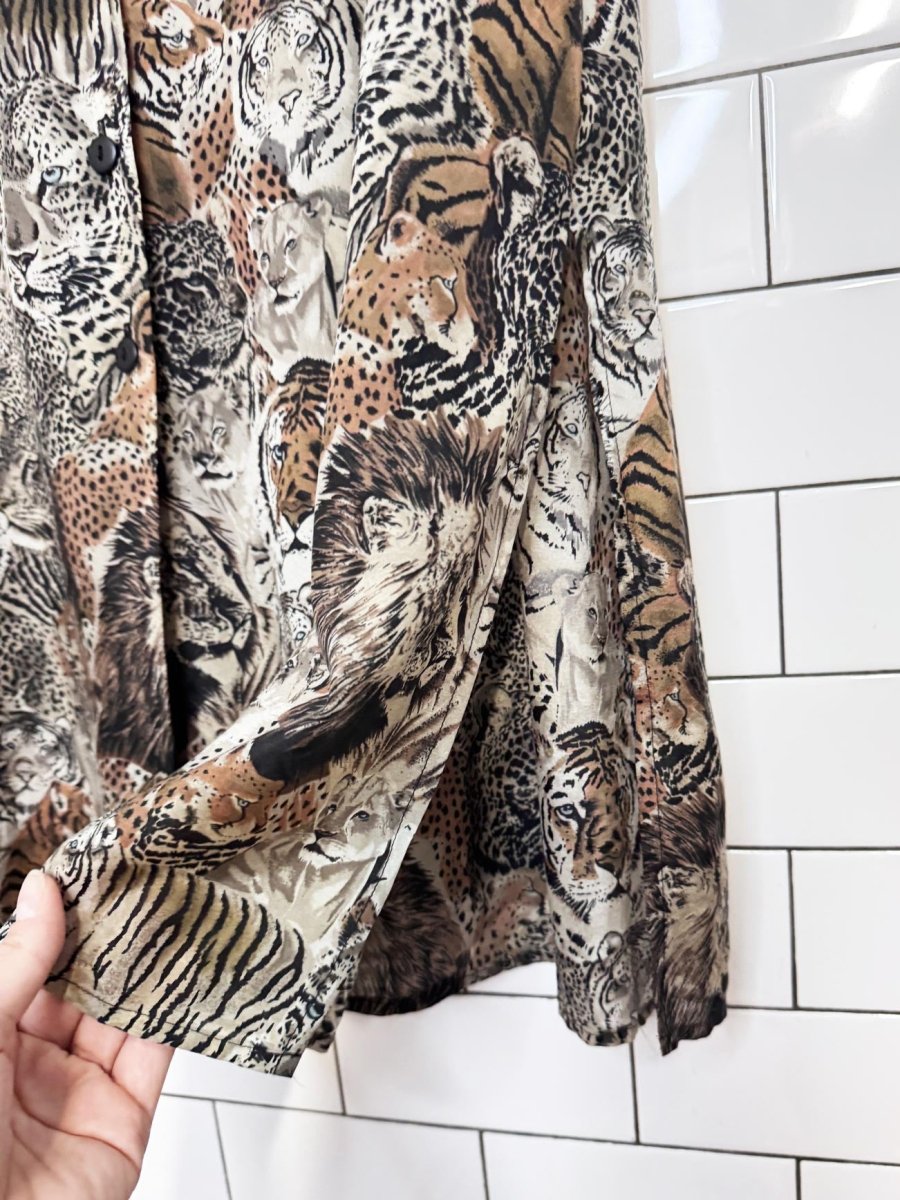vintage 90s anna and frank 100% silk jungle animals full button maxi skirt - good market thrift store