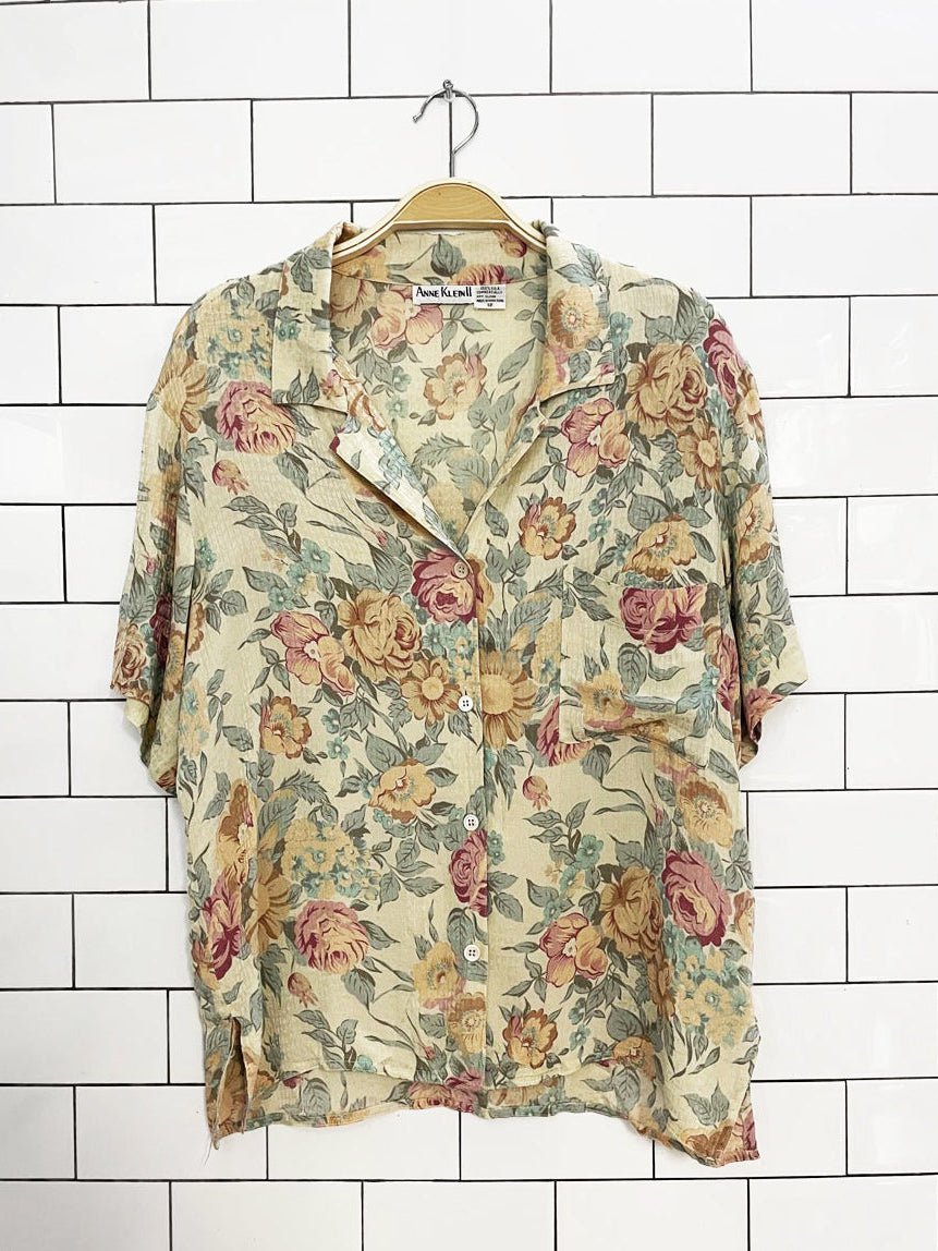 vintage 90s anne klein II 100% silk floral full button blouse - good market thrift store