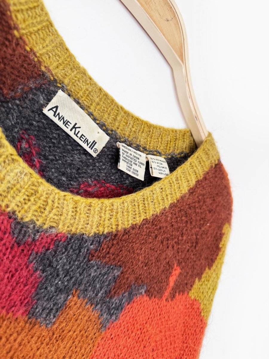 vintage 90s anne klein II kid mohair-blend fall leaves oversized knit sweater - good market thrift store