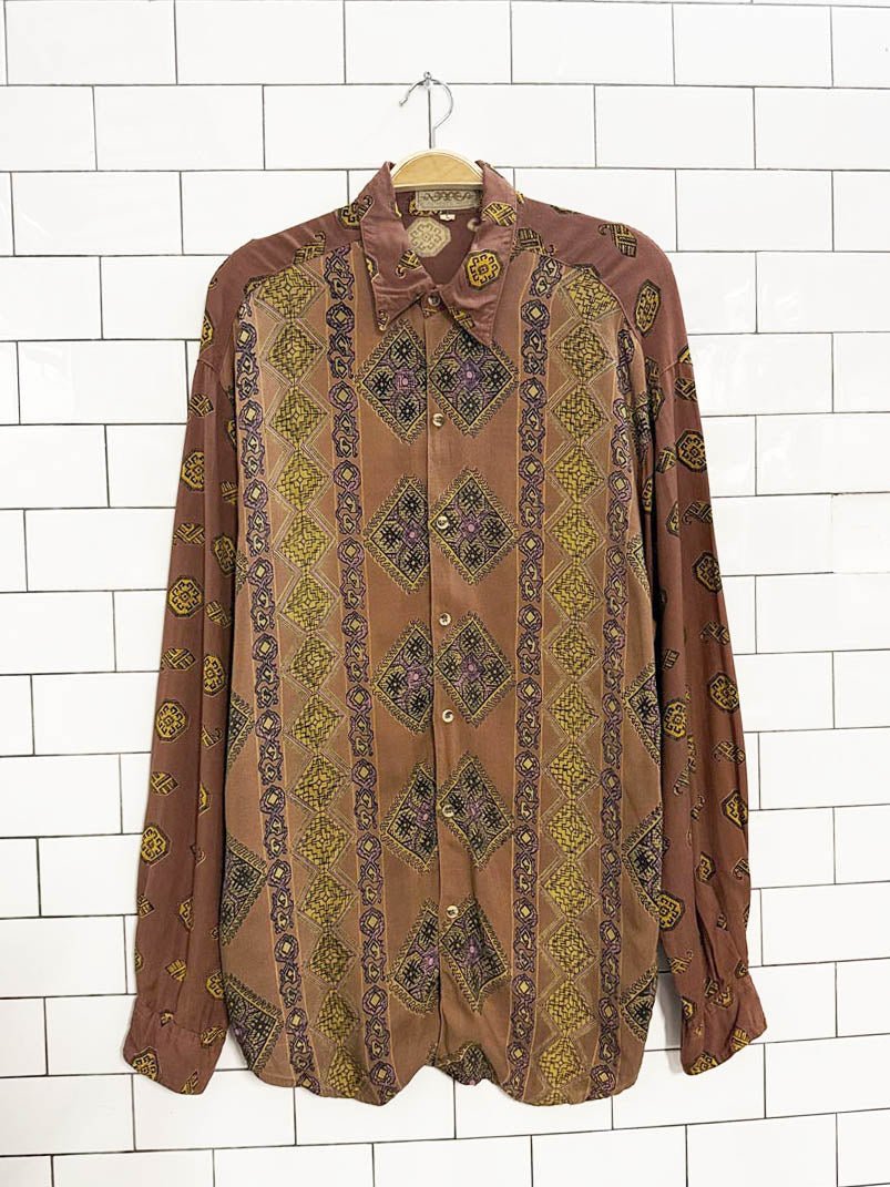 vintage 90s austerity boho diamond patterned shirt | made in India - good market thrift store