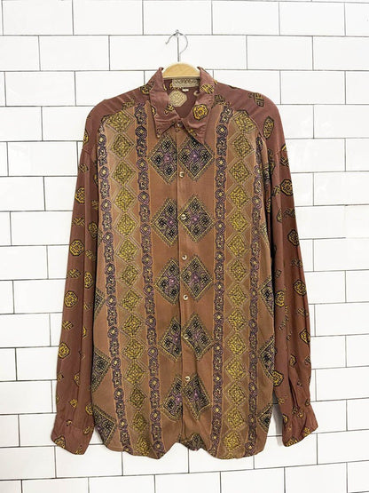 vintage 90s austerity boho diamond patterned shirt | made in India - good market thrift store