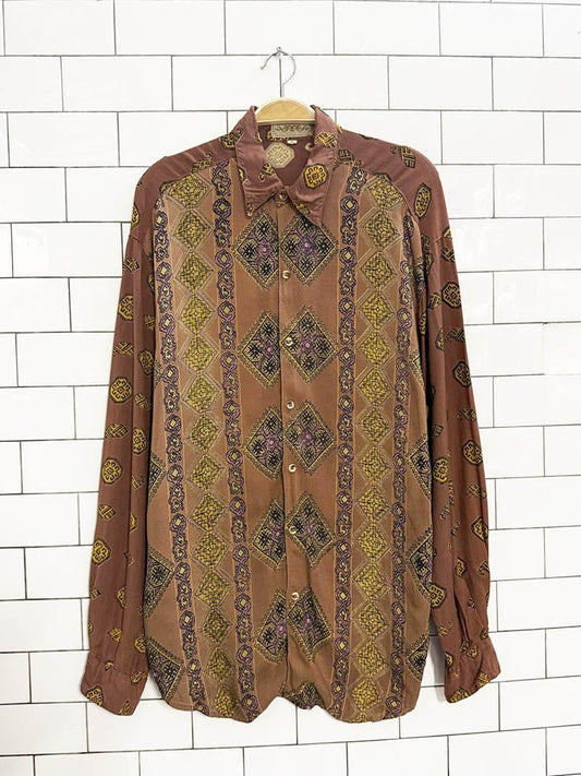 vintage 90s austerity boho diamond patterned shirt | made in India - good market thrift store