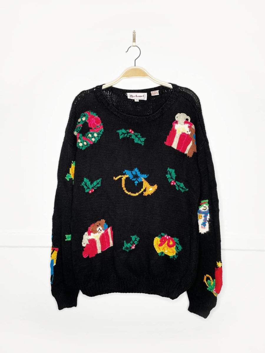 vintage 90s bechamel holiday things chunky knit sweater - good market thrift store