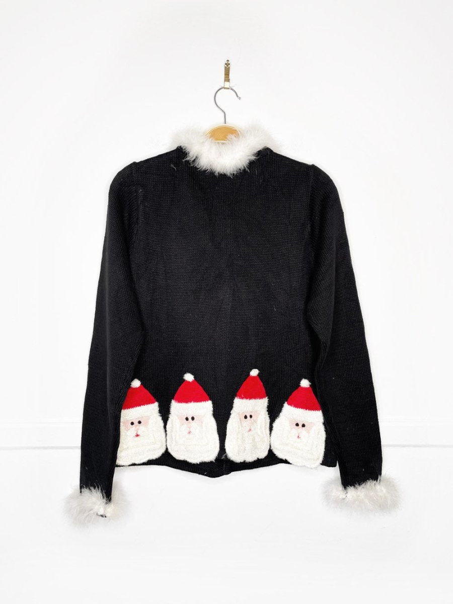 vintage 90s belle point boa trim santa head knit cardigan - good market thrift store