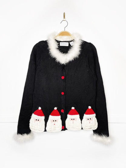 vintage 90s belle point boa trim santa head knit cardigan - good market thrift store