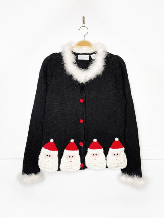 vintage 90s belle point boa trim santa head knit cardigan - good market thrift store