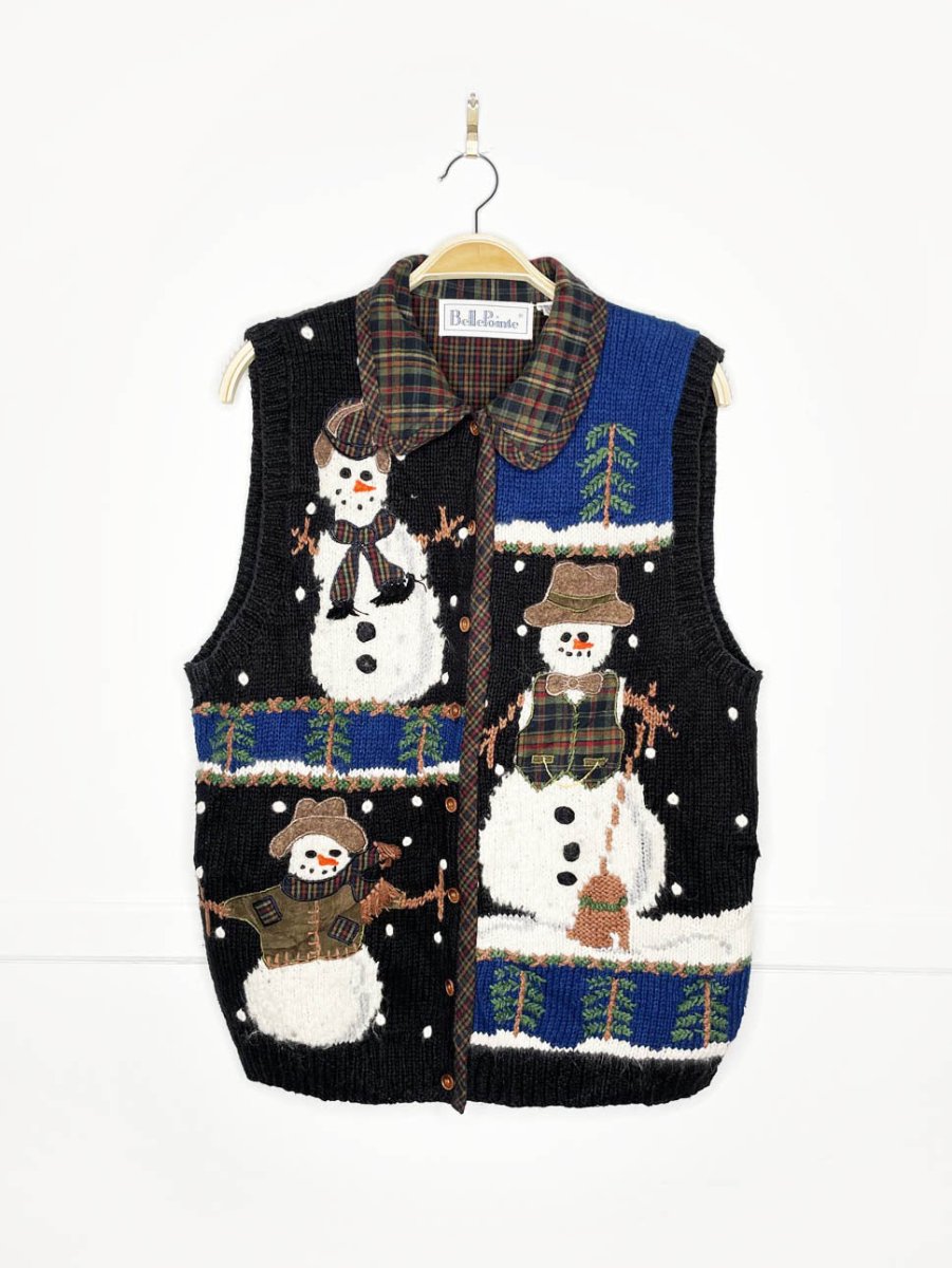 vintage 90s belle point snowmen knit farm plaid vest - good market thrift store
