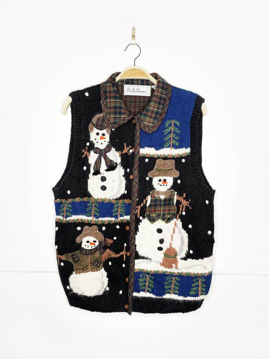 vintage 90s belle point snowmen knit farm plaid vest - good market thrift store