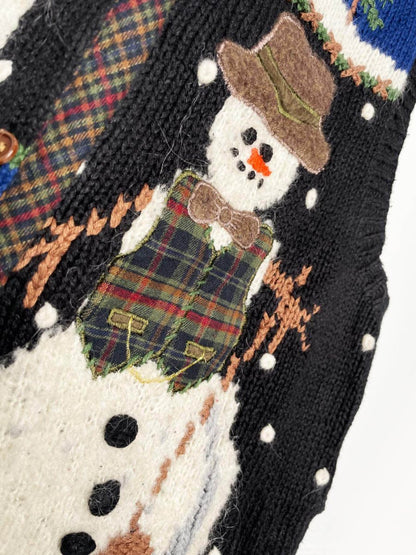 vintage 90s belle point snowmen knit farm plaid vest - good market thrift store