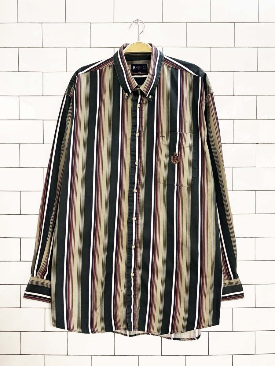 vintage 90s bhc crest pocket striped full button shirt - good market thrift store