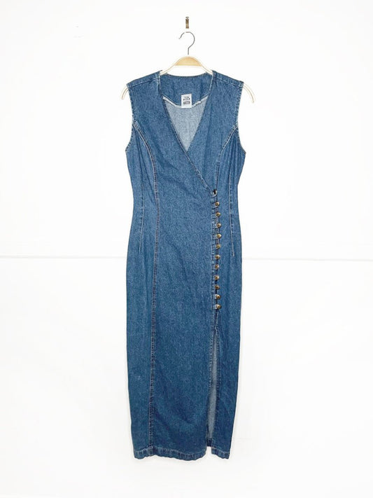 vintage 90s big time asymmetrical button corset back denim maxi dress | made in usa - good market thrift store