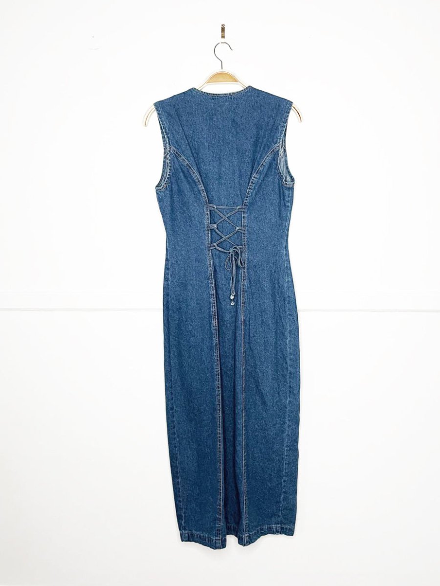 vintage 90s big time asymmetrical button corset back denim maxi dress | made in usa - good market thrift store