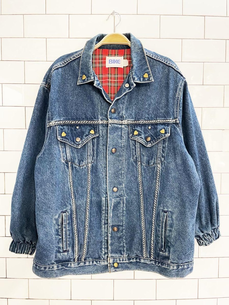 vintage 90s bike bedazzled hearts oversized denim jacket - good market thrift store