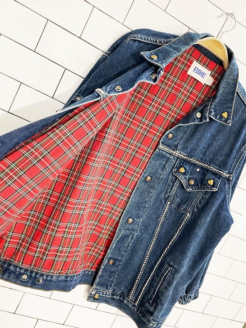 vintage 90s bike bedazzled hearts oversized denim jacket - good market thrift store