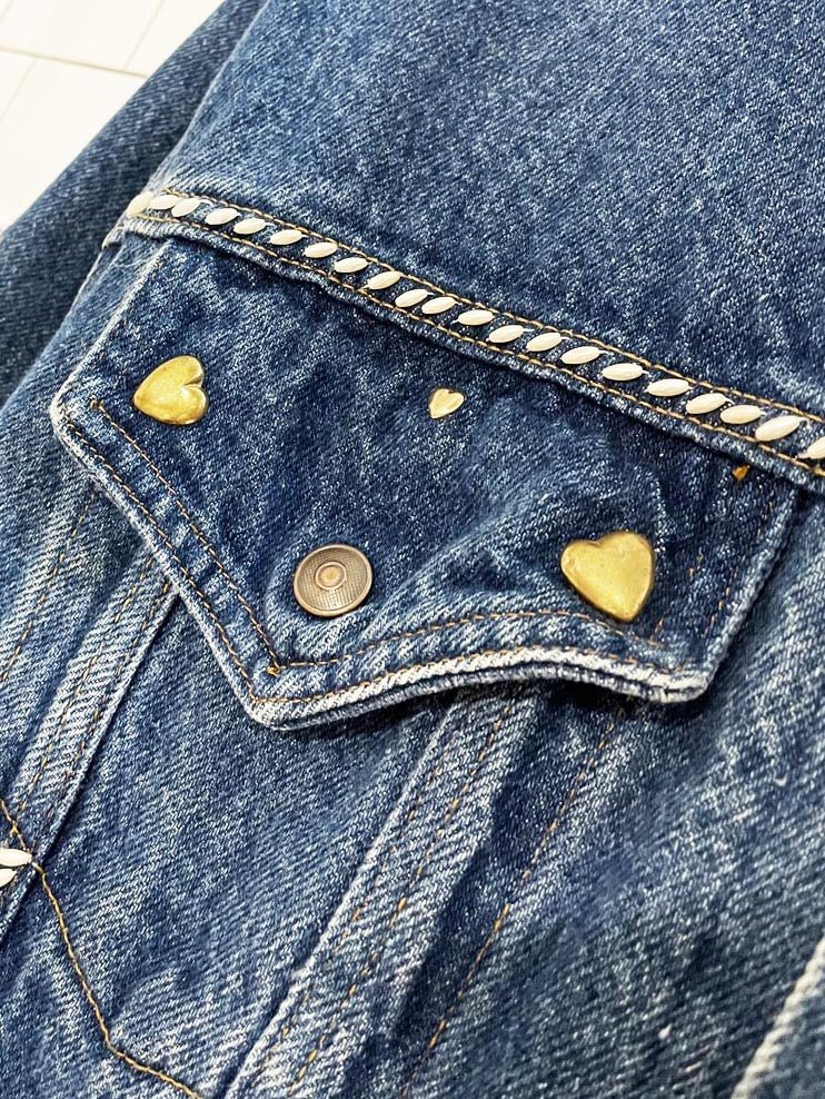 vintage 90s bike bedazzled hearts oversized denim jacket - good market thrift store