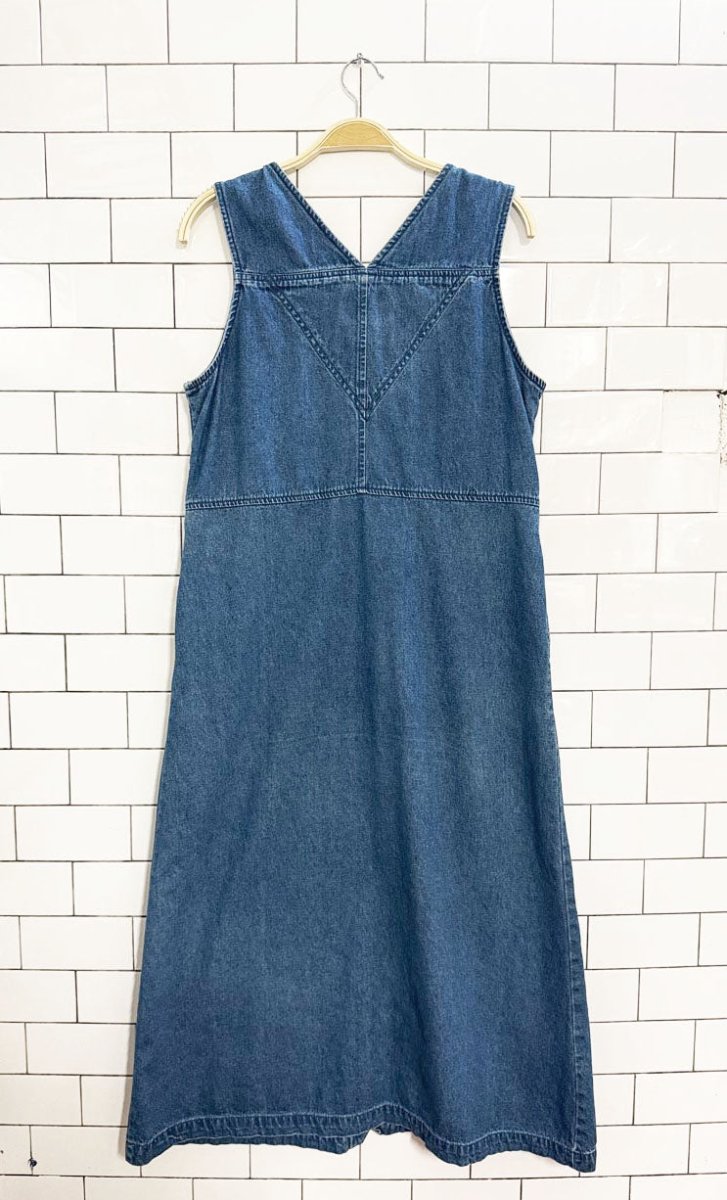 vintage 90s blue j. quilted full button sleeveless denim maxi dress - good market thrift store