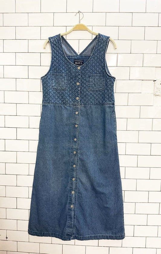 vintage 90s blue j. quilted full button sleeveless denim maxi dress - good market thrift store