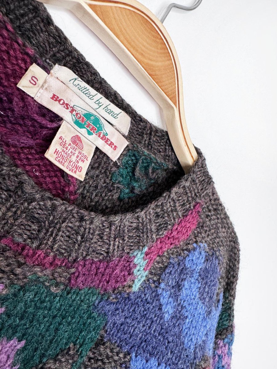 vintage 90s boston traders 100% wool hand-knit floral sweater - good market thrift store