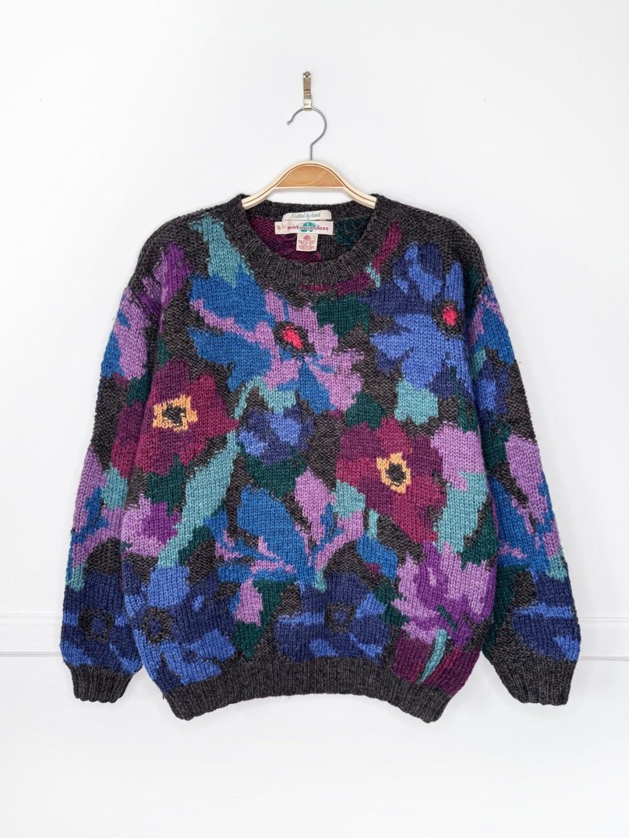 vintage 90s boston traders 100% wool hand-knit floral sweater - good market thrift store