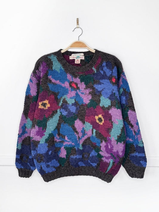 vintage 90s boston traders 100% wool hand-knit floral sweater - good market thrift store
