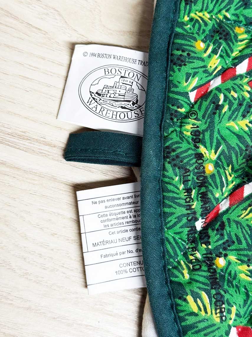 vintage 90s boston warehouse christmas tree jingle bells oven mitt - good market thrift store