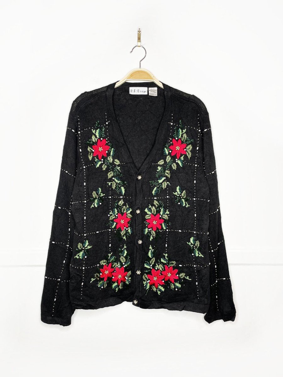 vintage 90s BP design poinsettia beadwork embroidered knit cardigan - good market thrift store