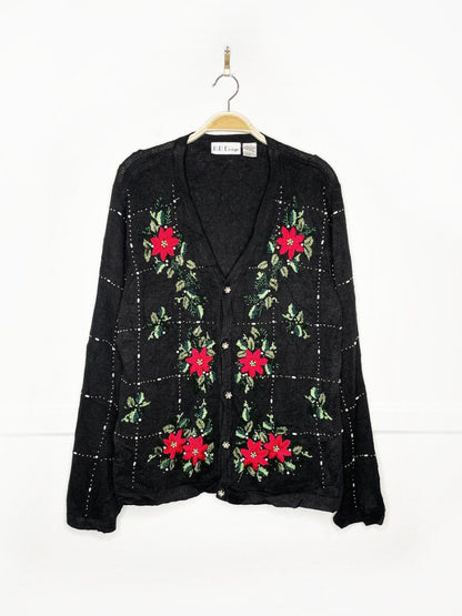 vintage 90s BP design poinsettia beadwork embroidered knit cardigan - good market thrift store