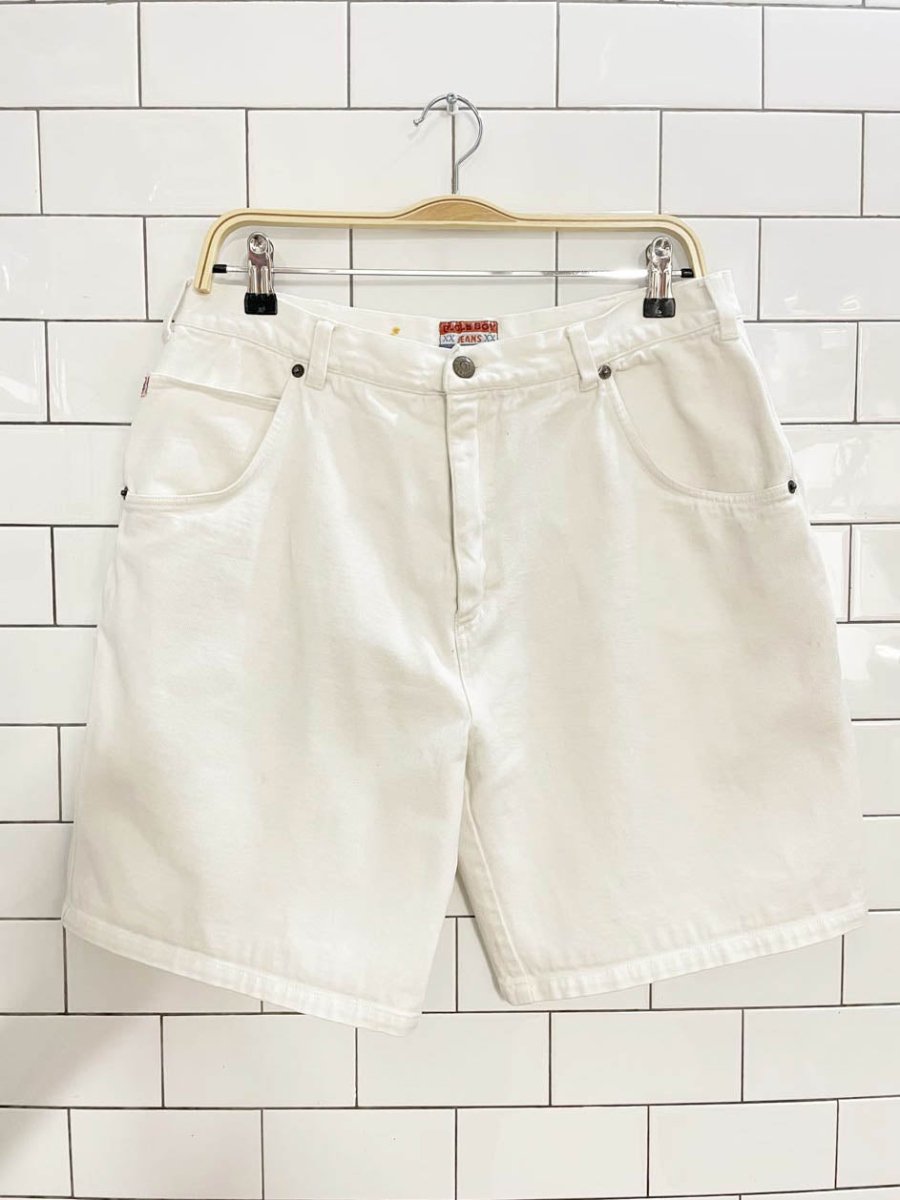 vintage 90s bugle boy jeans patched carpenter denim shorts - good market thrift store