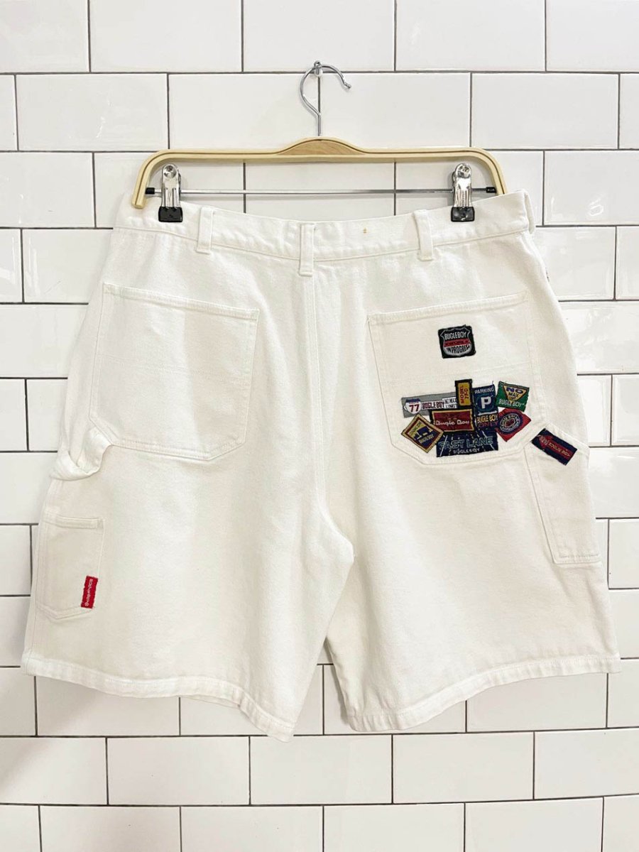vintage 90s bugle boy jeans patched carpenter denim shorts - good market thrift store