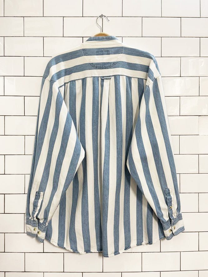 vintage 90s cactus big stripe grandad collar denim shirt - good market thrift store