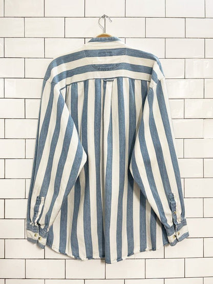vintage 90s cactus big stripe grandad collar denim shirt - good market thrift store