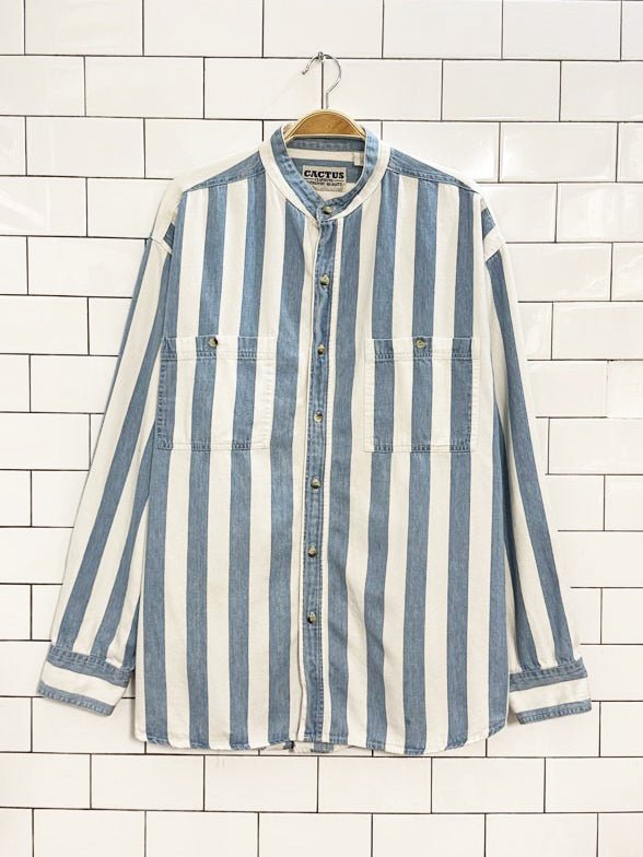 vintage 90s cactus big stripe grandad collar denim shirt - good market thrift store