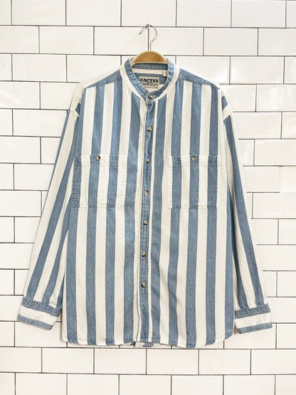 vintage 90s cactus big stripe grandad collar denim shirt - good market thrift store