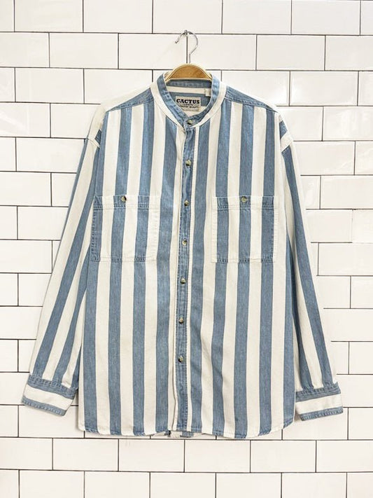 vintage 90s cactus big stripe grandad collar denim shirt - good market thrift store