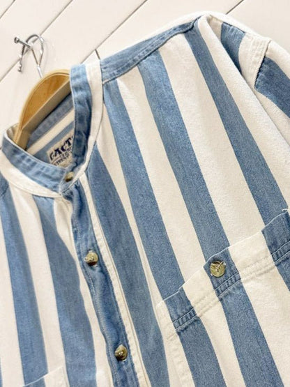 vintage 90s cactus big stripe grandad collar denim shirt - good market thrift store