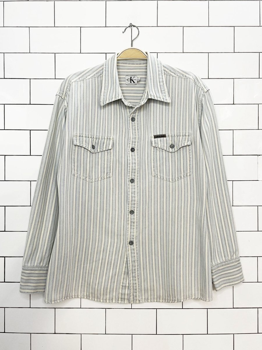 vintage 90s calvin klein blue stripe soft full button shirt - good market thrift store