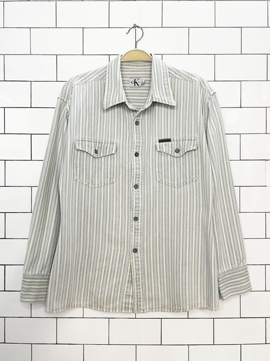 vintage 90s calvin klein blue stripe soft full button shirt - good market thrift store