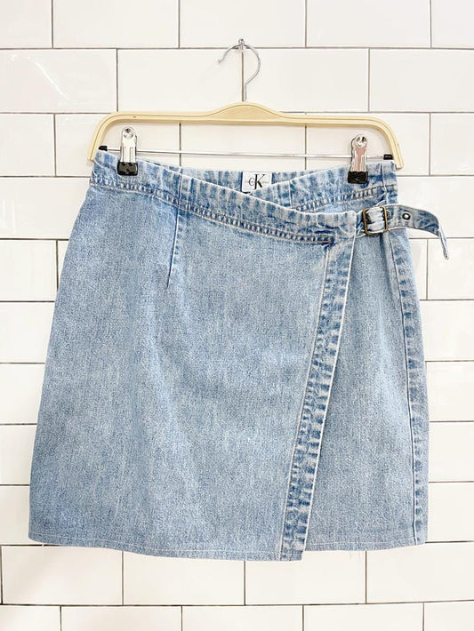 vintage 90s calvin klein denim buckle wrap mini skirt - good market thrift store