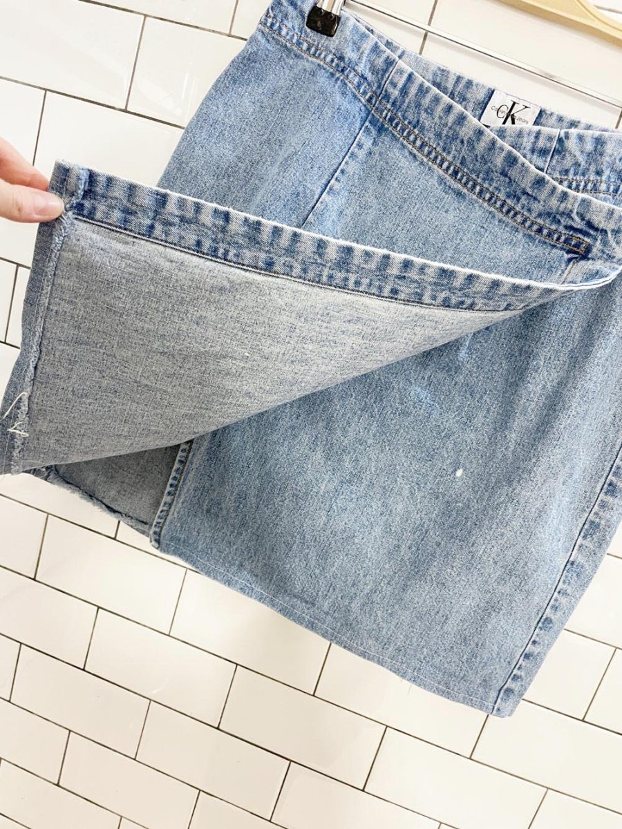 vintage 90s calvin klein denim buckle wrap mini skirt - good market thrift store