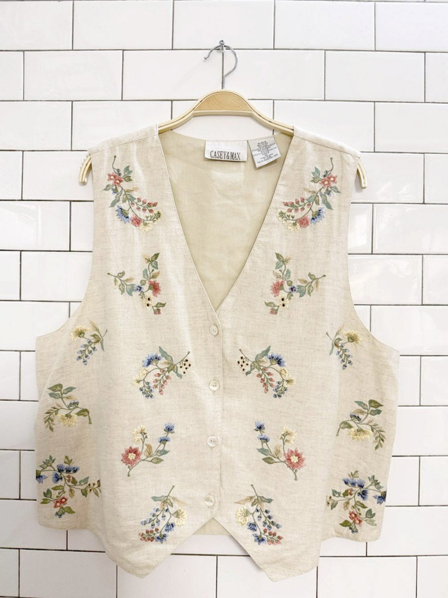 vintage 90s casey & max linen - blend embroidered floral vest - good market thrift store