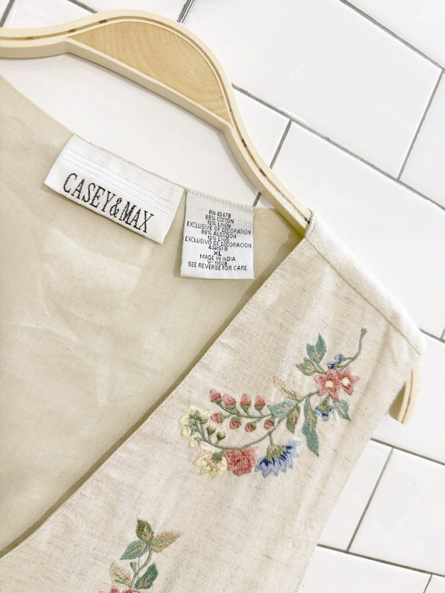 vintage 90s casey & max linen - blend embroidered floral vest - good market thrift store