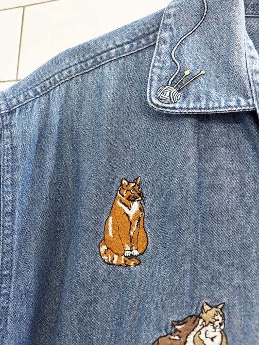 vintage 90s casual cove cat embroidered denim shirt - good market thrift store