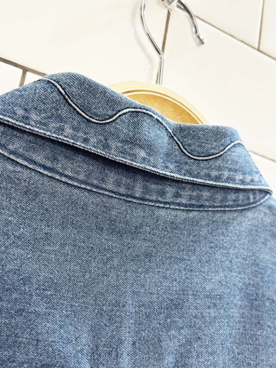 vintage 90s casual cove cat embroidered denim shirt - good market thrift store