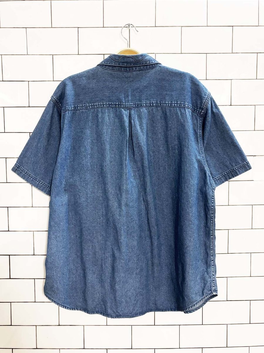 vintage 90s casual cove cat embroidered denim shirt - good market thrift store